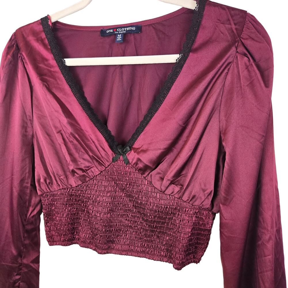 ONE CLOTHING Satin Lace Trim Smocked Crop Top Blouse Women M Burgundy